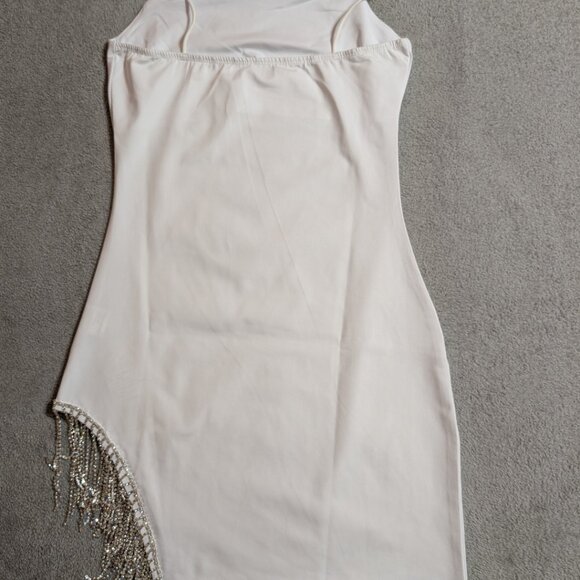 White Rhinestone Fringe Mini Dress | Spaghetti Strap Night Out Style - Picture 2 of 6